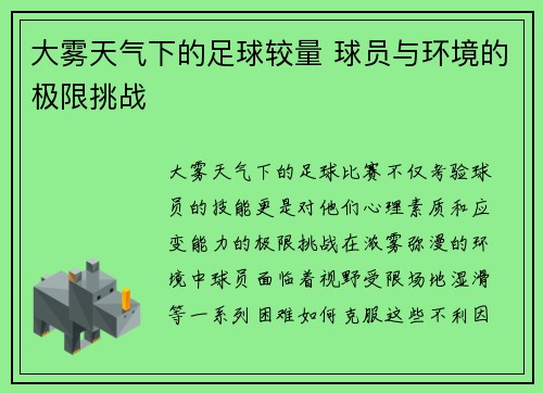大雾天气下的足球较量 球员与环境的极限挑战