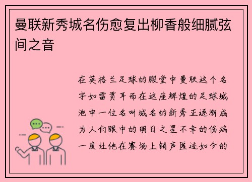 曼联新秀城名伤愈复出柳香般细腻弦间之音
