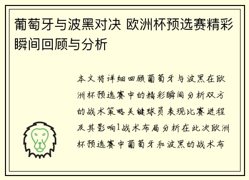 葡萄牙与波黑对决 欧洲杯预选赛精彩瞬间回顾与分析