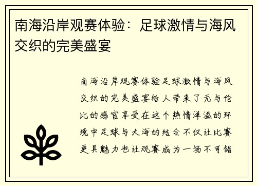 南海沿岸观赛体验：足球激情与海风交织的完美盛宴