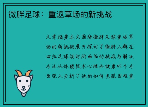 微胖足球：重返草场的新挑战