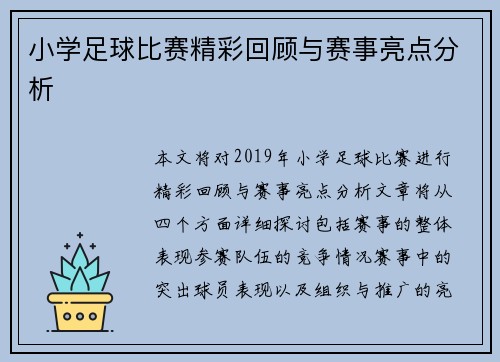 小学足球比赛精彩回顾与赛事亮点分析