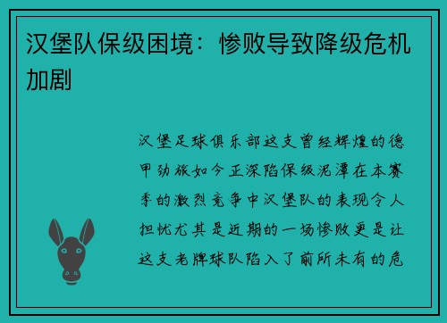 汉堡队保级困境：惨败导致降级危机加剧