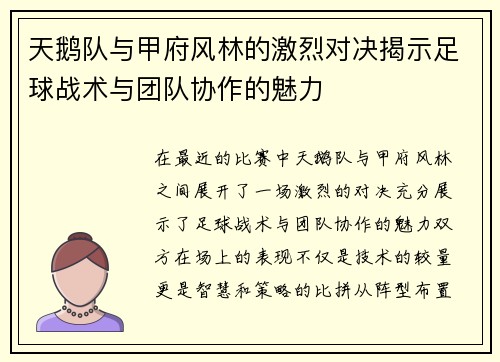天鹅队与甲府风林的激烈对决揭示足球战术与团队协作的魅力