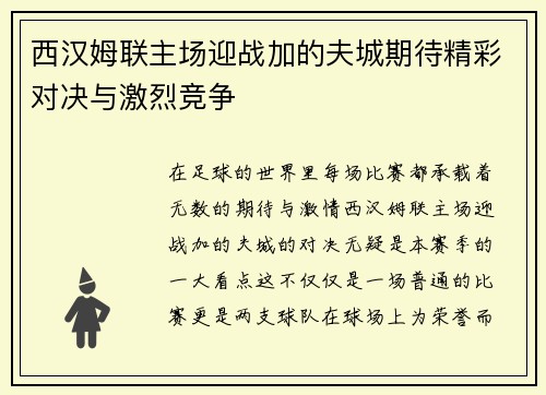 西汉姆联主场迎战加的夫城期待精彩对决与激烈竞争