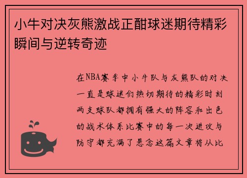 小牛对决灰熊激战正酣球迷期待精彩瞬间与逆转奇迹