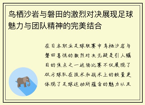 鸟栖沙岩与磐田的激烈对决展现足球魅力与团队精神的完美结合