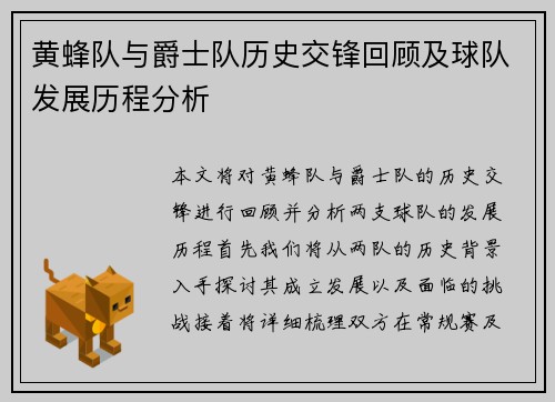 黄蜂队与爵士队历史交锋回顾及球队发展历程分析