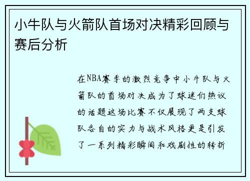 小牛队与火箭队首场对决精彩回顾与赛后分析
