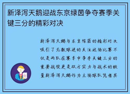 新泽泻天鹅迎战东京绿茵争夺赛季关键三分的精彩对决
