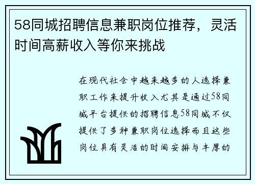 58同城招聘信息兼职岗位推荐，灵活时间高薪收入等你来挑战