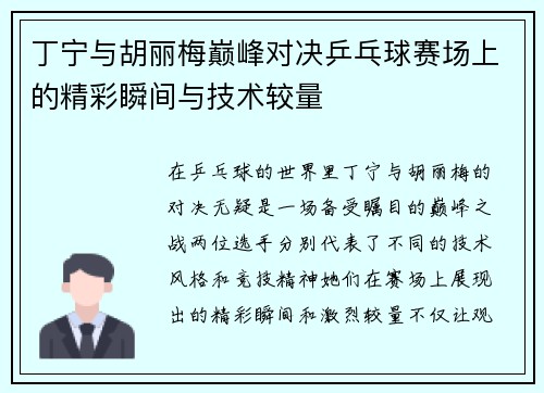 丁宁与胡丽梅巅峰对决乒乓球赛场上的精彩瞬间与技术较量
