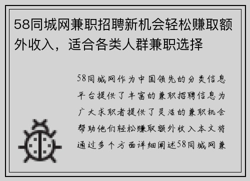 58同城网兼职招聘新机会轻松赚取额外收入，适合各类人群兼职选择