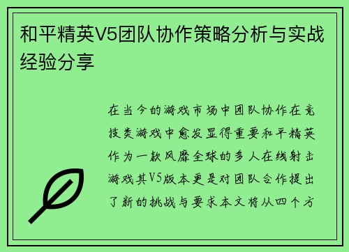 和平精英V5团队协作策略分析与实战经验分享