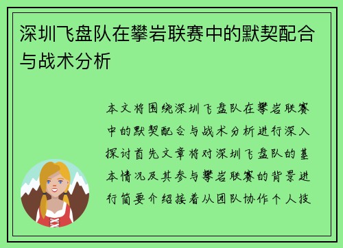 深圳飞盘队在攀岩联赛中的默契配合与战术分析